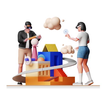 Free Personas construyendo metaverso  3D Illustration