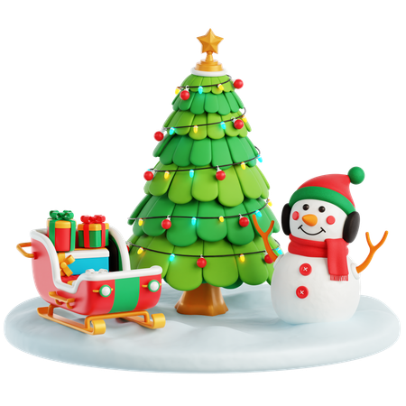 Free Sledge, Snowman and Christmas Tree  3D Icon