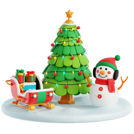 Free Sledge, Snowman and Christmas Tree  3D Icon