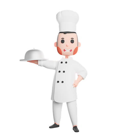 Free Young smiling chef holding cloche  3D Illustration