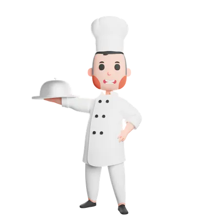 Free Young smiling chef holding cloche  3D Illustration