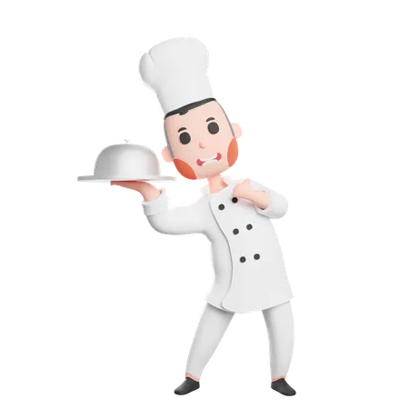 Free Young smiling chef holding cloche  3D Illustration