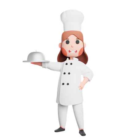 Free Young smiling chef holding cloche  3D Illustration