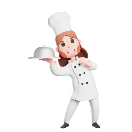 Free Young smiling chef holding cloche  3D Illustration