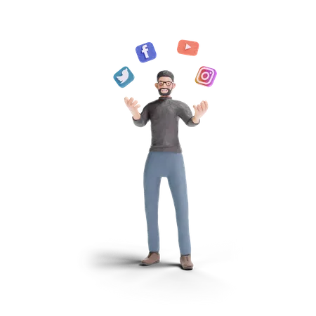 Hipster man with social media 3D Illustration