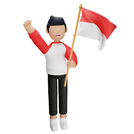 Indonesian man holding indonesian flag 3D Illustration
