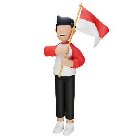 Indonesian man holding indonesian flag 3D Illustration