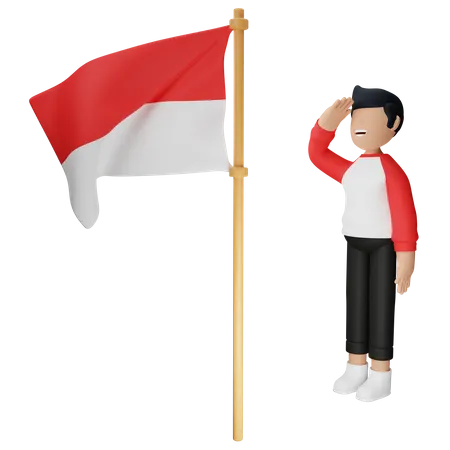 Indonesian men respect the Indonesian flag 3D Illustration