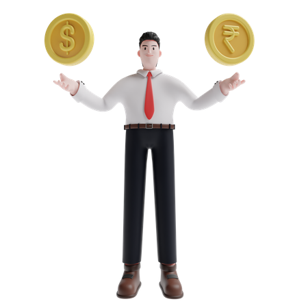 Man showing dollar and rupee 3D Illustration