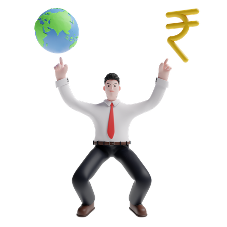 Man showing earth and rupee sign 3D Illustration