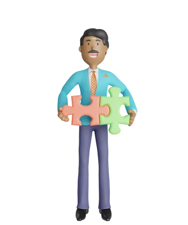 South Indian businessman holding puzzle piece 3D Illustration