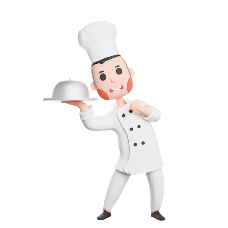 Young smiling chef holding cloche 3D Illustration
