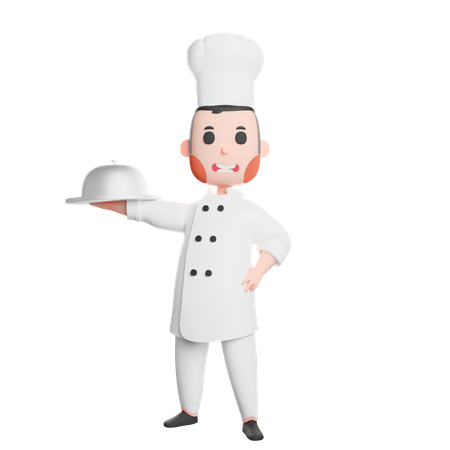 Young smiling chef holding cloche 3D Illustration