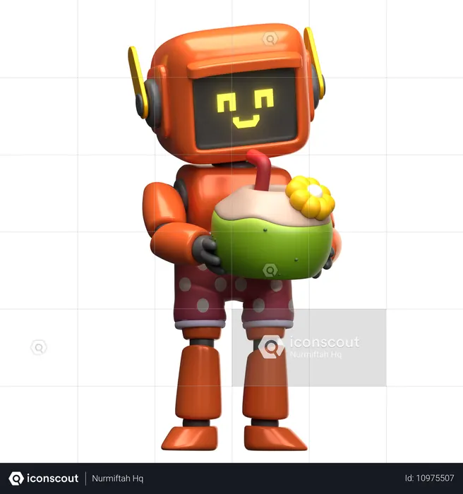 오렌지 로봇이 코코넛 음료를 마시고 있다  3D Icon