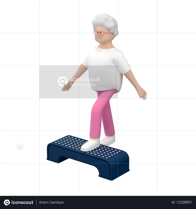 스텝 플랫폼을 연습하며 재활 활동을 하는 노인 여성  3D Icon