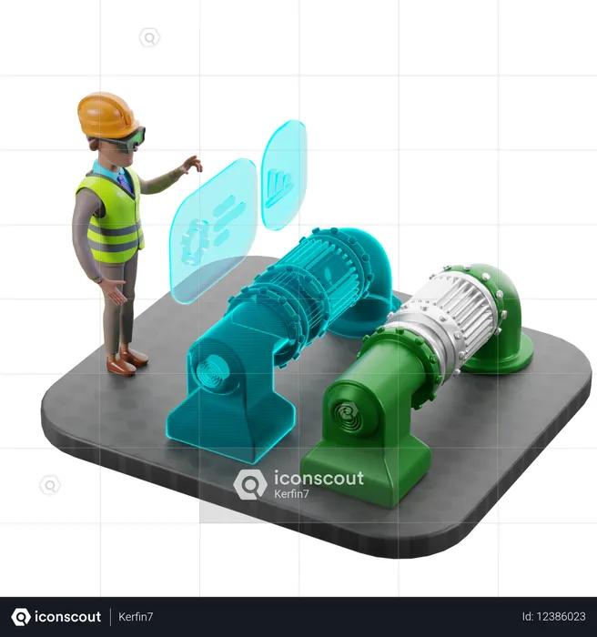 デジタルツインで設備の動作を分析する人間  3D Icon