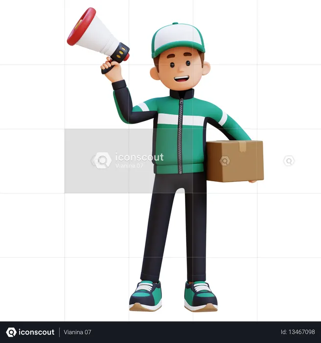 荷物とメガホンを持った配達員  3Dアイコン