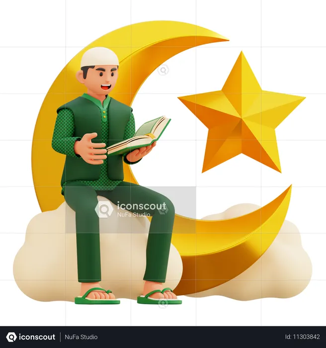 04 Muslimischer Mann liest den Koran  3D Illustration