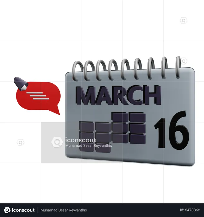 Calendario del 16 de marzo  3D Icon