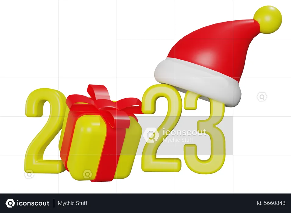 2023 com caixa de presente e chapéu de Papai Noel  3D Icon