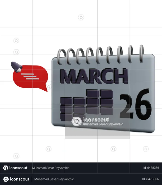 Calendario del 26 de marzo.  3D Icon