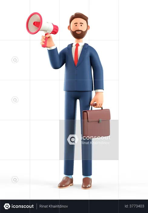 Bearded businessman holding a megaphone  3D Illustration