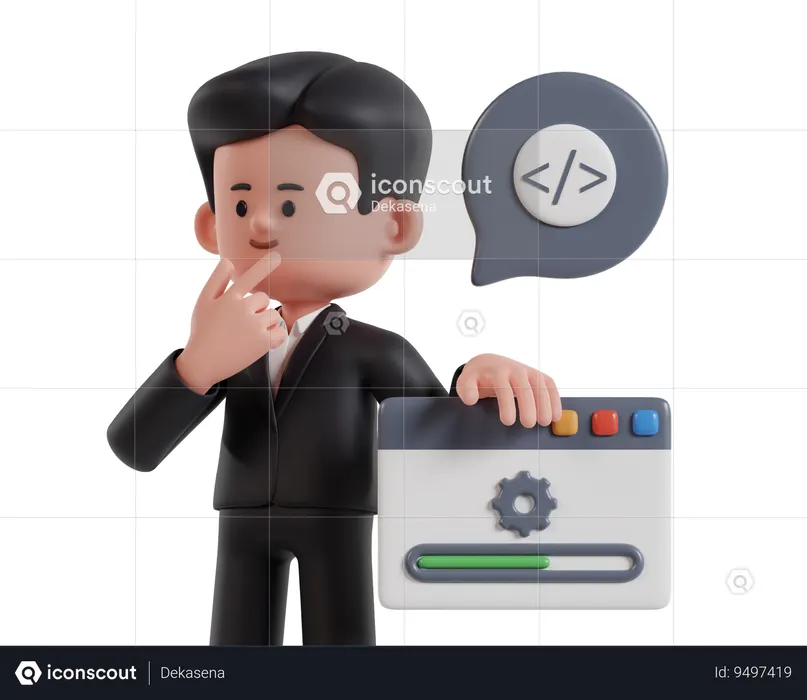 A Businessman Is Using An Ai Machine To Generate Code While Holding His Chin  3D Illustration