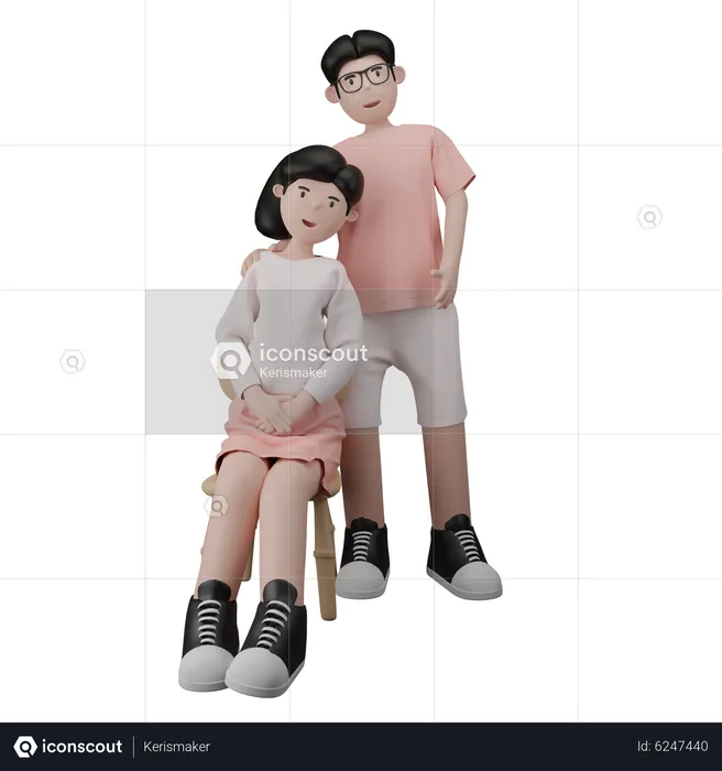 A couple taking a photo together the woman is sitting and the man is standing  3D Illustration