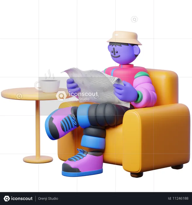 A Sitting With Coffee And A Newspaper  3D Illustration