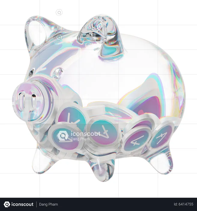 Aave Clear Glass Piggy Bank With Decreasing Piles Of Crypto Coins  3D Icon