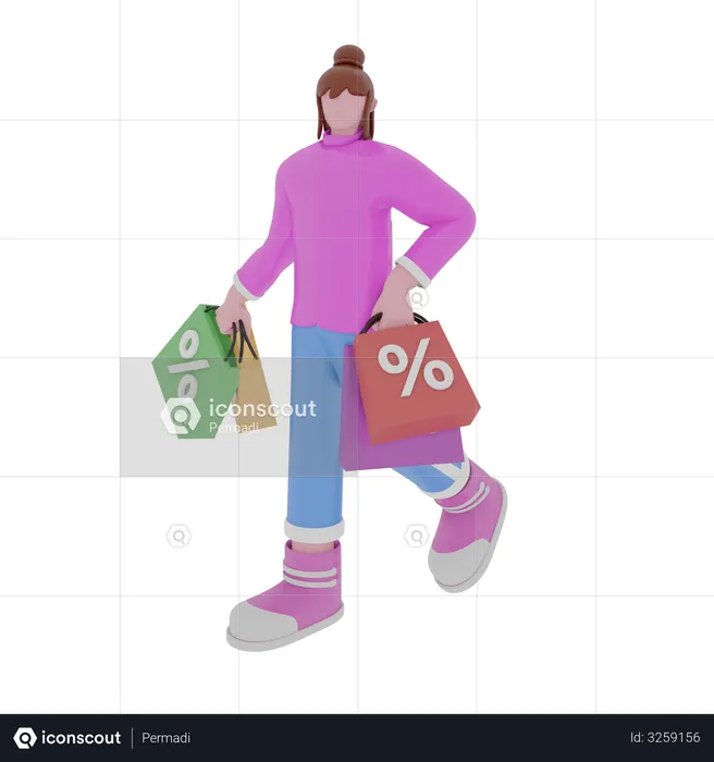 Femme accro au shopping faisant des achats à prix réduits  3D Illustration