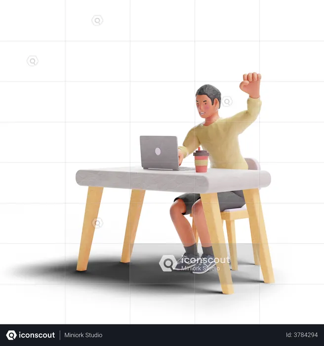 African American teenager boy celebrating with laptop  3D Illustration