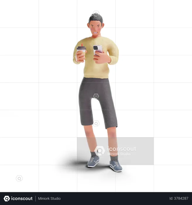 African American teenager boy using phone with holding coffee  3D Illustration