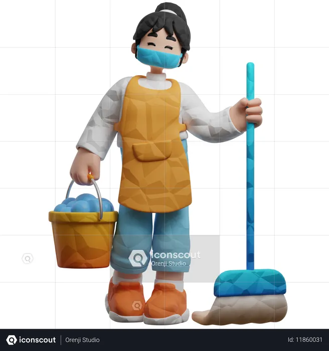 Travailleur de nettoyage avec seau et balai  3D Icon