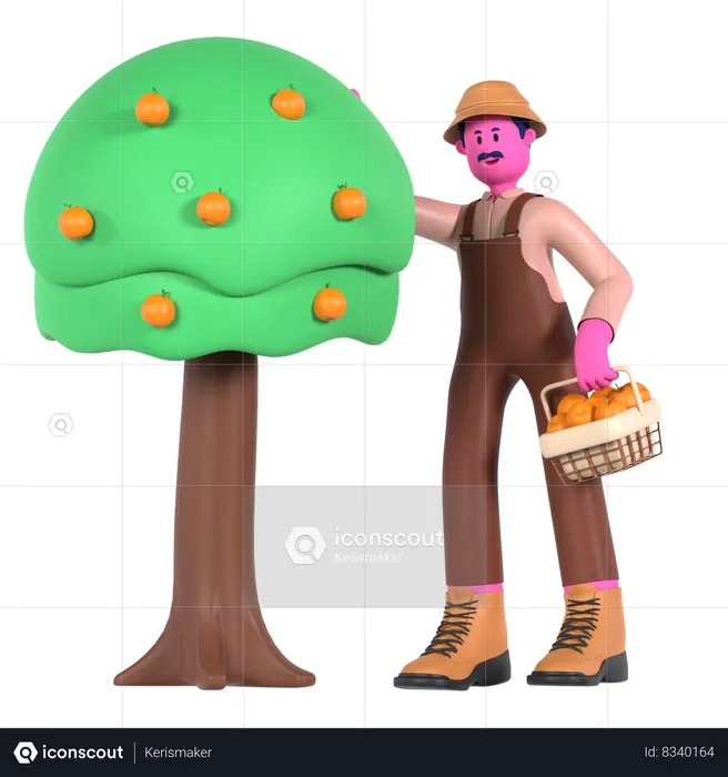 Granjero masculino cosechando frutos de árboles frutales  3D Illustration