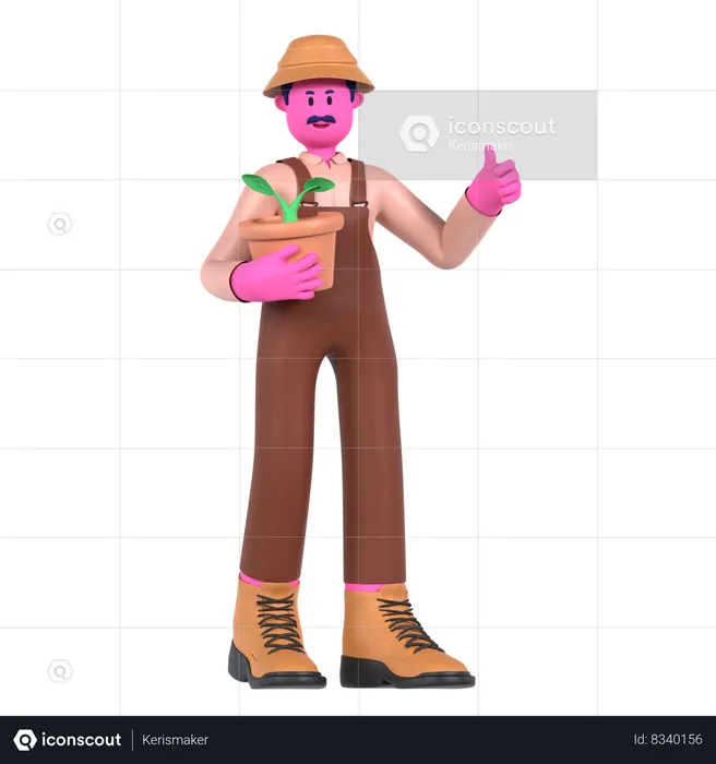 Agricultor sosteniendo maceta  3D Illustration