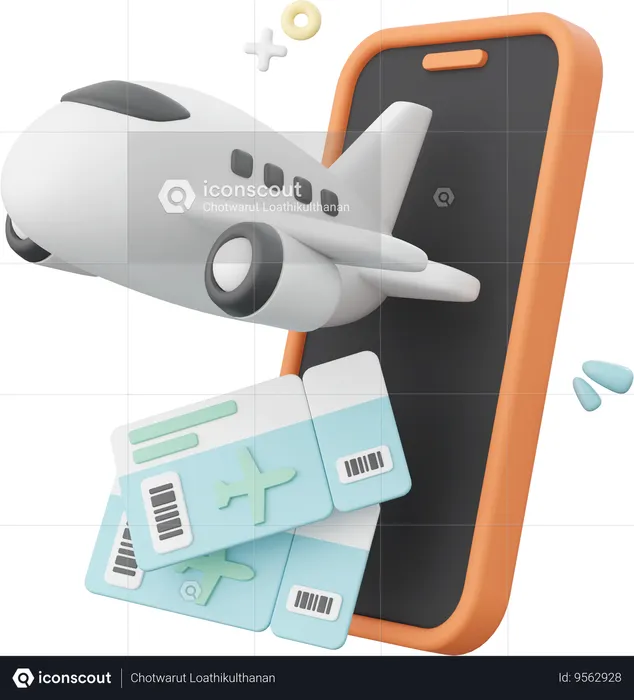 Airplane With Tickets Emerging From A Smartphone  3D Icon