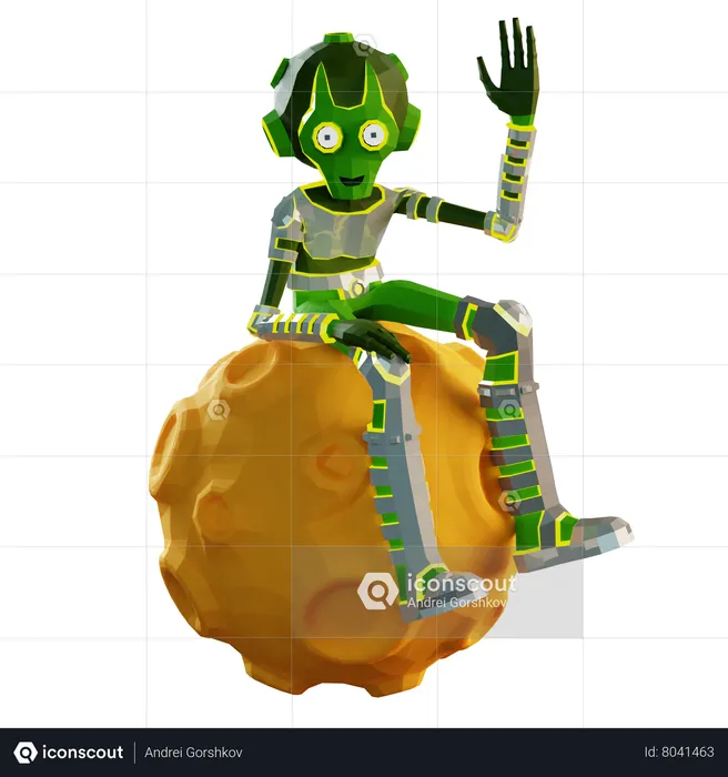 Alien sitting on moon while waving hand  3D Illustration