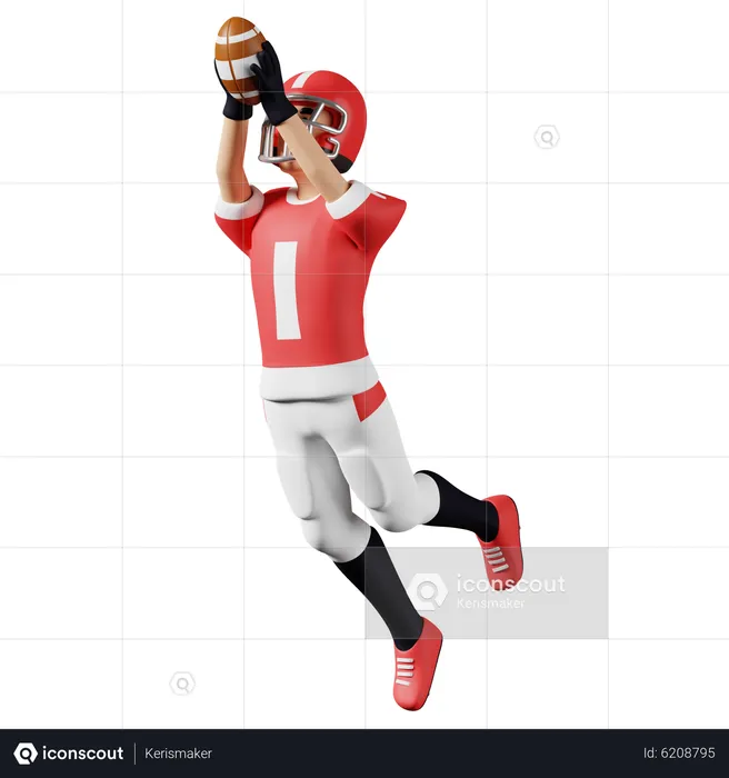 American Football-Spieler springen und fangen den Ball  3D Illustration