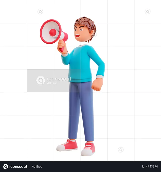 Angry cute boy with megaphone  3D Illustration