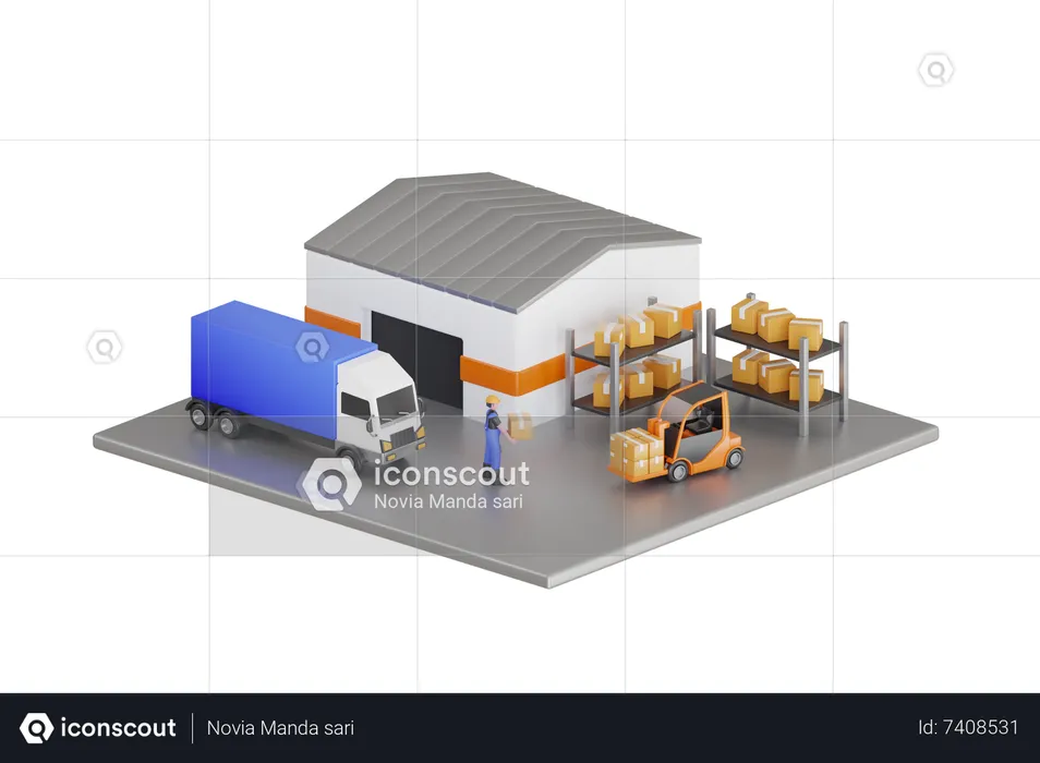 Anhänger-Container-LKW geparkt und laden Paket-Boxen im Lager  3D Illustration