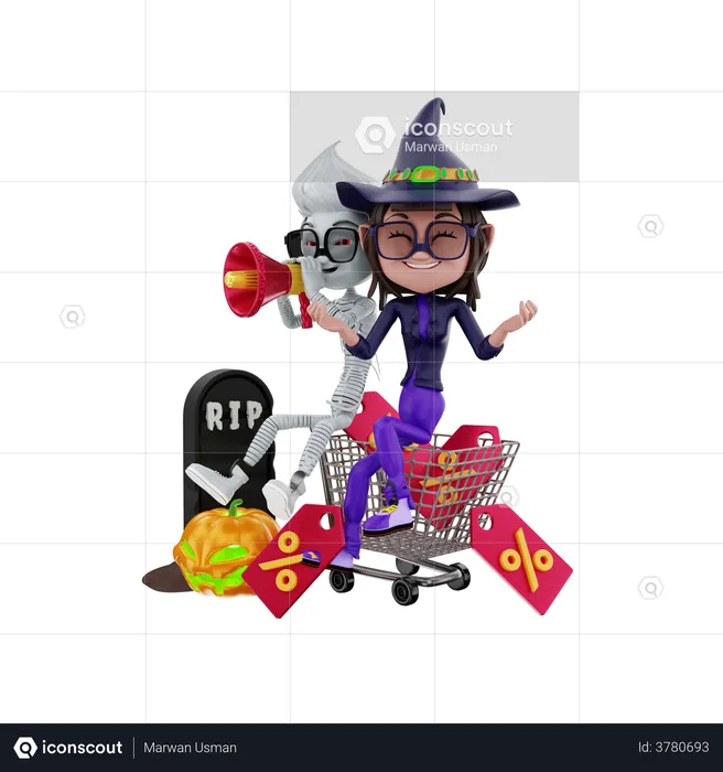 Anuncio de venta de Halloween por personaje de Halloween.  3D Illustration