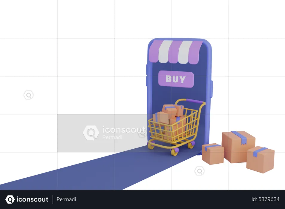 Carro de compras con caja y móvil.  3D Illustration