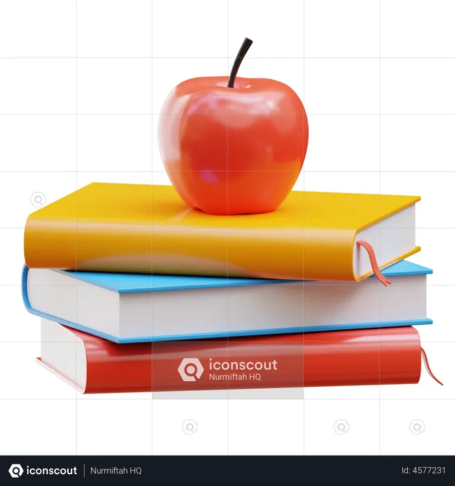 Apple and Book Stack  3D Illustration