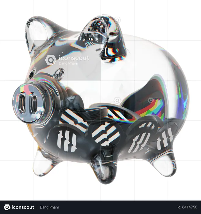 Apt Clear Glass Piggy Bank With Decreasing Piles Of Crypto Coins  3D Icon
