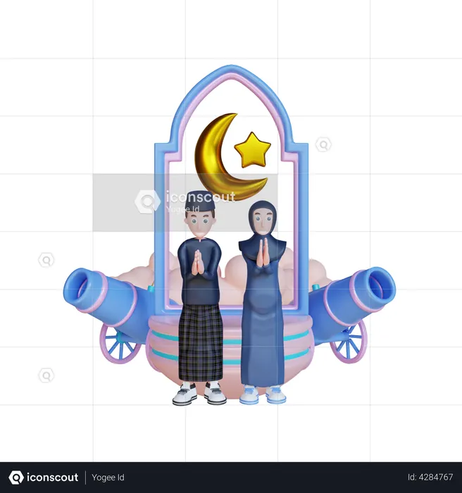 Arabic Couple doing Eid prayer  3D Illustration