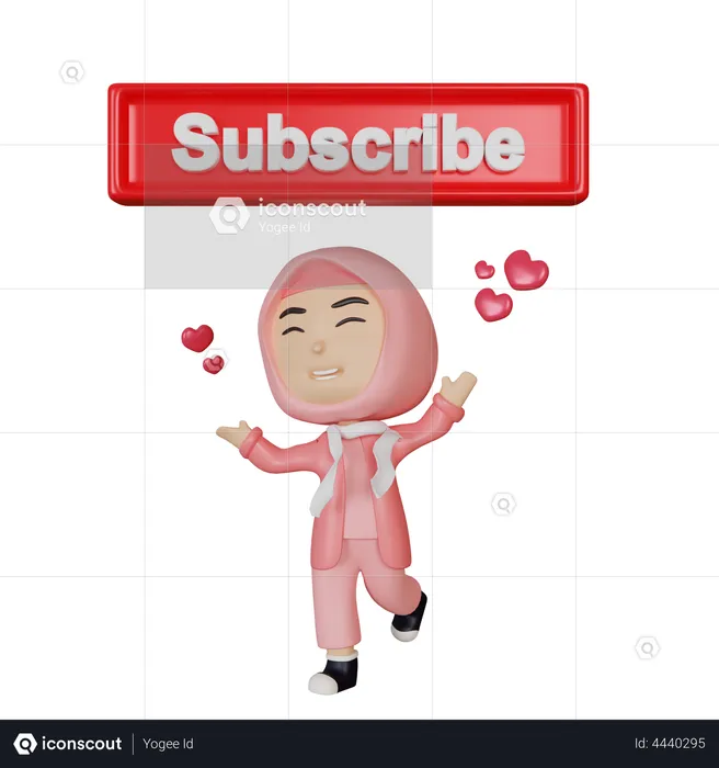 Arabic girl presenting subscribe button  3D Illustration