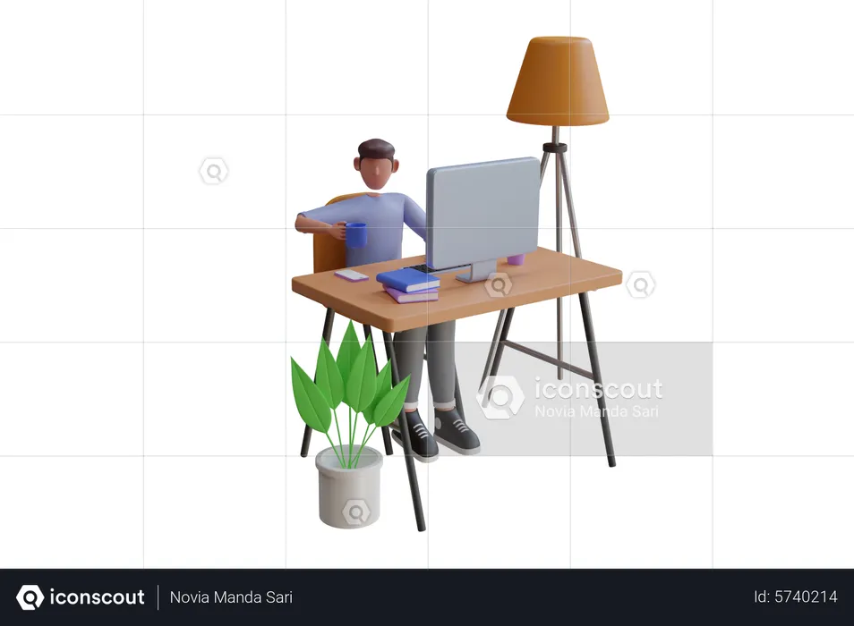 Arbeitender Mann am Laptop im Büro  3D Illustration