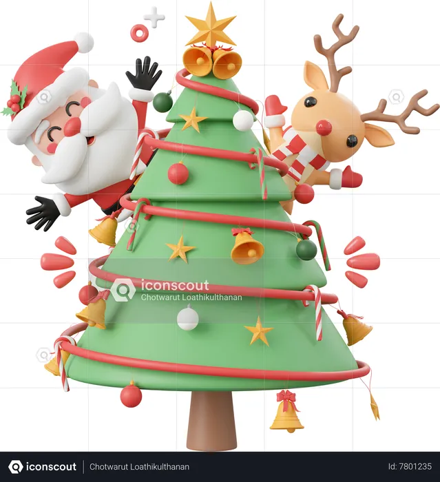 Árbol de navidad con santa claus y renos  3D Icon