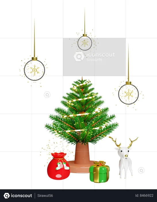 El árbol de Navidad está decorado con muchos regalos.  3D Illustration